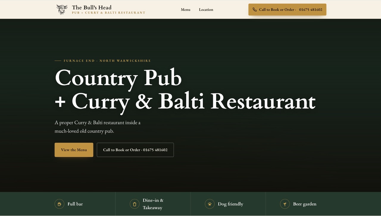 Homepage screenshot of The Bull's Head pub website